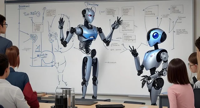 AI robots teaching a bunch of people in a class room. 