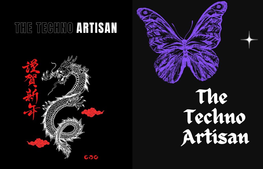 two different logos, one with a chinese dragon and another with a blue butterfly with the text the techno artisan