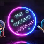 a glowing logo of thetechnoartisan surrounded by 4 cute 3d AI characters .