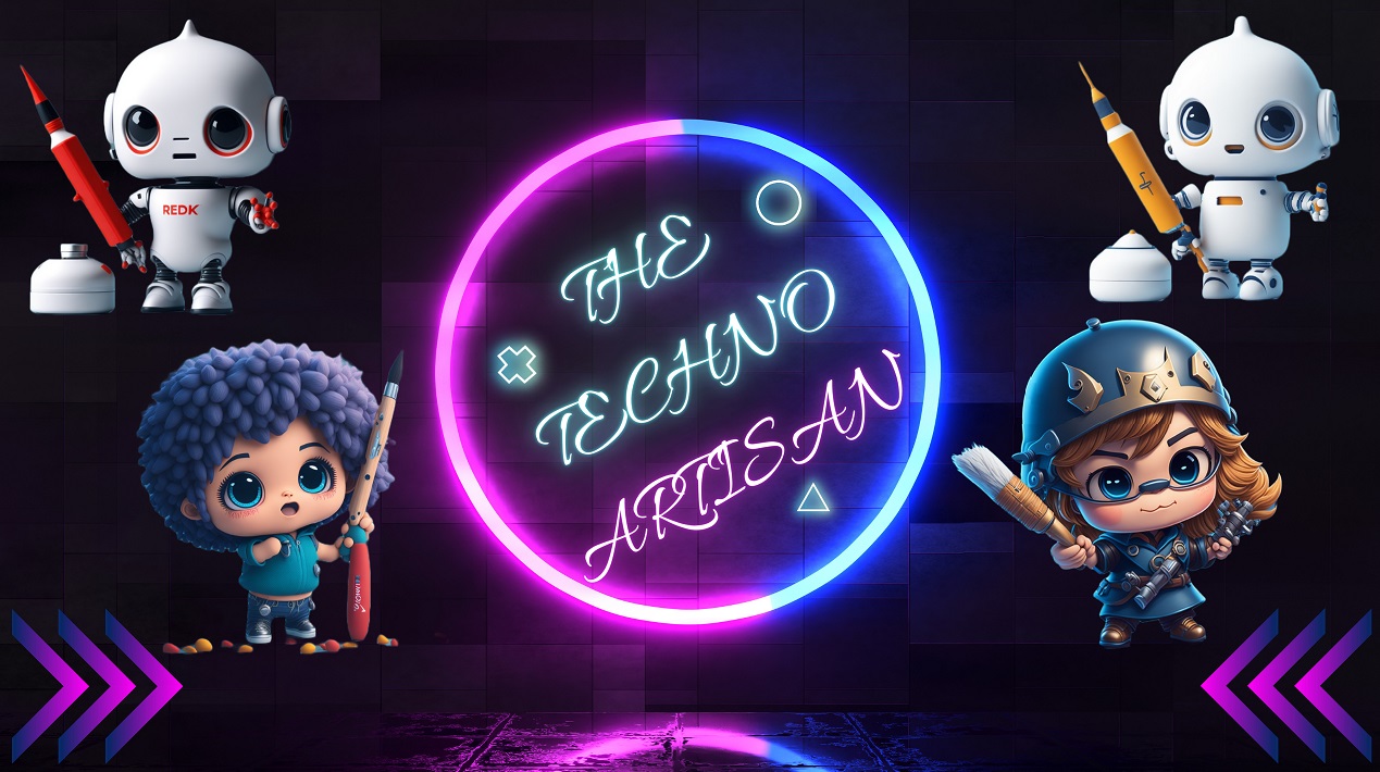 a glowing logo of thetechnoartisan surrounded by 4 cute 3d AI characters .