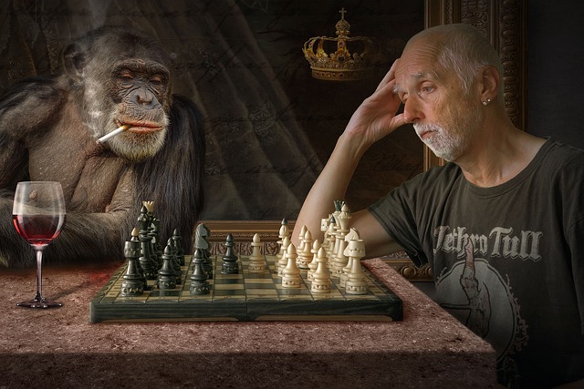 a smart monkey with a cigaret between lips and a wine glass playing chess with a confused old man.