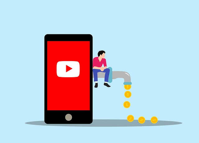 a man sitting on a money pouring tap connected to a phone with youtube screen.